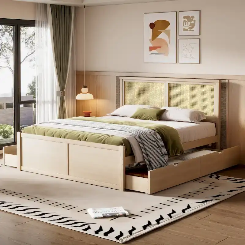 Antique Natural Queen Size Wood Storage Bed with 4 Drawers and Rattan Headboard