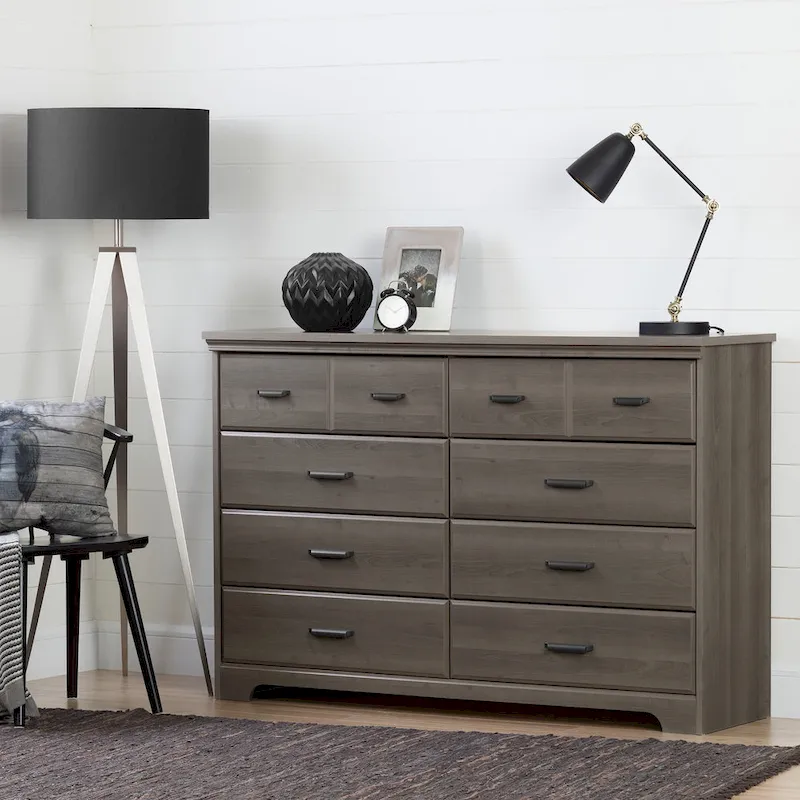 8-Drawer Double Dresser with Smooth Glides, Beveled Edges and Metal Handles – Gray Maple / Weathered Oak, for 1 Person / Household