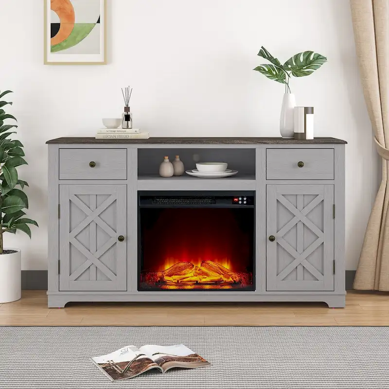 Farmhouse TV Stand with Fireplace for up to 65 TV - 60W x 33H x 15.5D