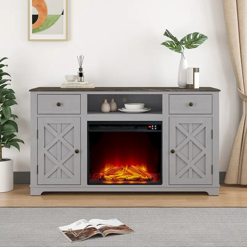 Farmhouse TV Stand with Fireplace for up to 65 TV - 60W x 33H x 15.5D
