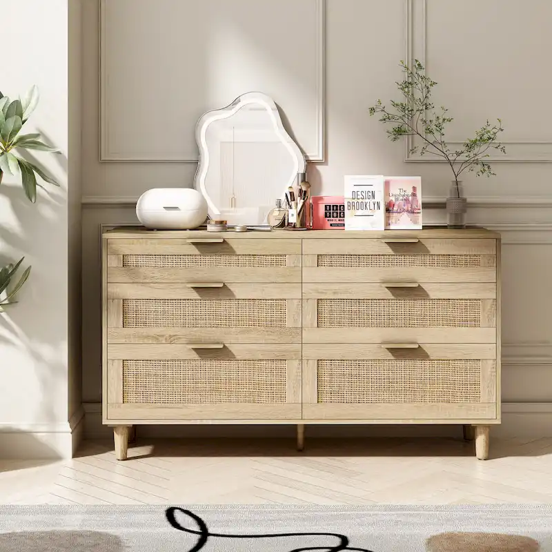 Rattan 6-Drawer Double Dresser with Metal Handle, Wood Legs, Clothes Storage Cabinet for Bedroom