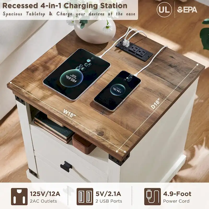 18 Farmhouse Nightstand with Charging Station, Night Stand, End Table