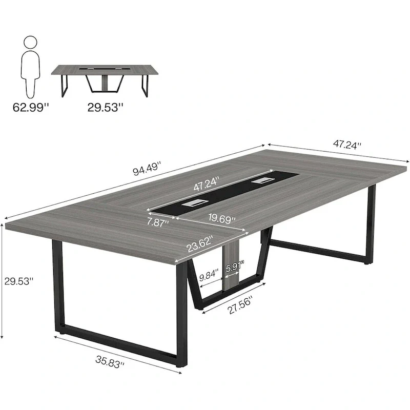 Large Rectangular Conference Table with Cable Management – Brown / Grey, Seats 8–10