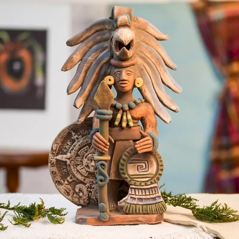 Novica Handmade Aztec Calendar Eagle Warrior Ceramic Sculpture