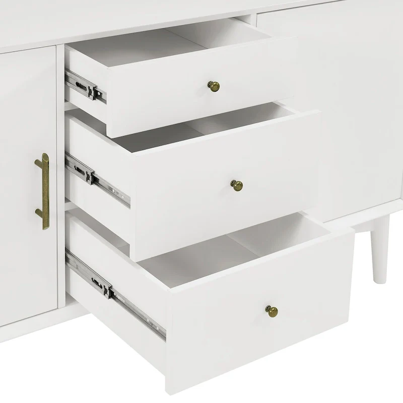 White Mid-Century Modern Sideboard with 2 Cabinets, 3 Drawers & Tapered Legs