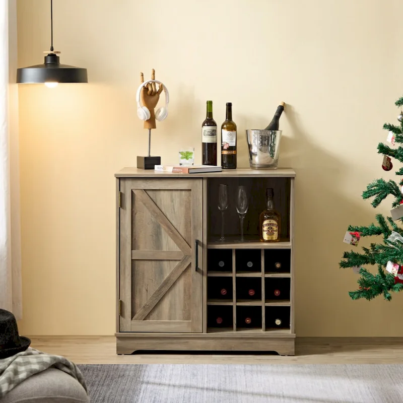 Coffee Bar Cabinet with Wine Rack, Barn Door & Drawer – Grey Wash / Espresso