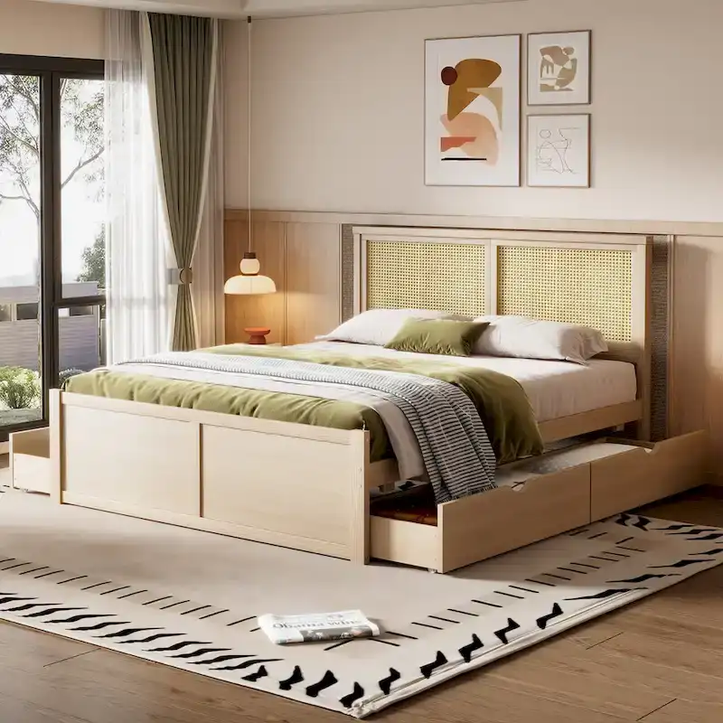Antique Natural Queen Size Wood Storage Bed with 4 Drawers and Rattan Headboard
