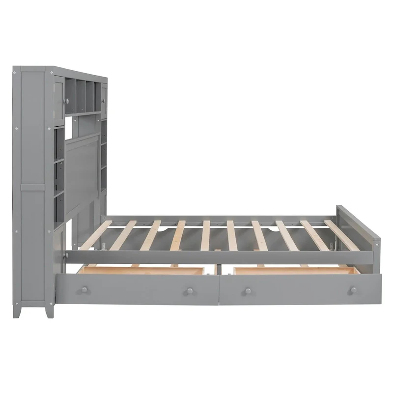 Modern Wooden Bed with Cabinet, Shelf, and Sockets