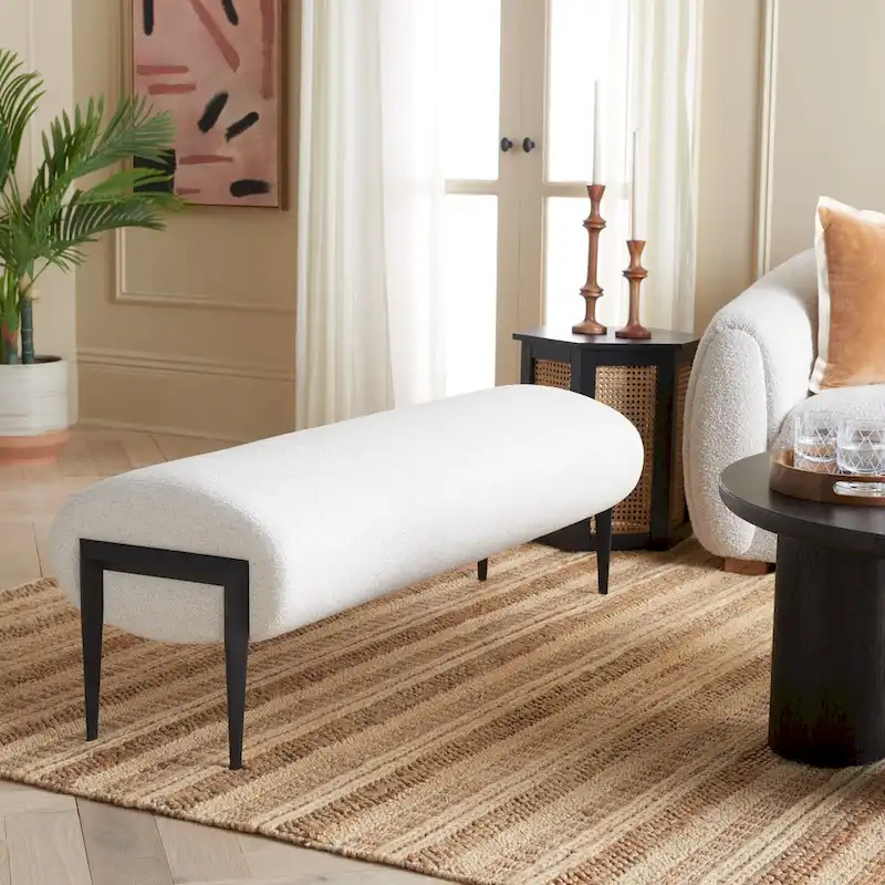 Upholstered Bench in Light Beige / Creme with Black Legs – Seats 2
