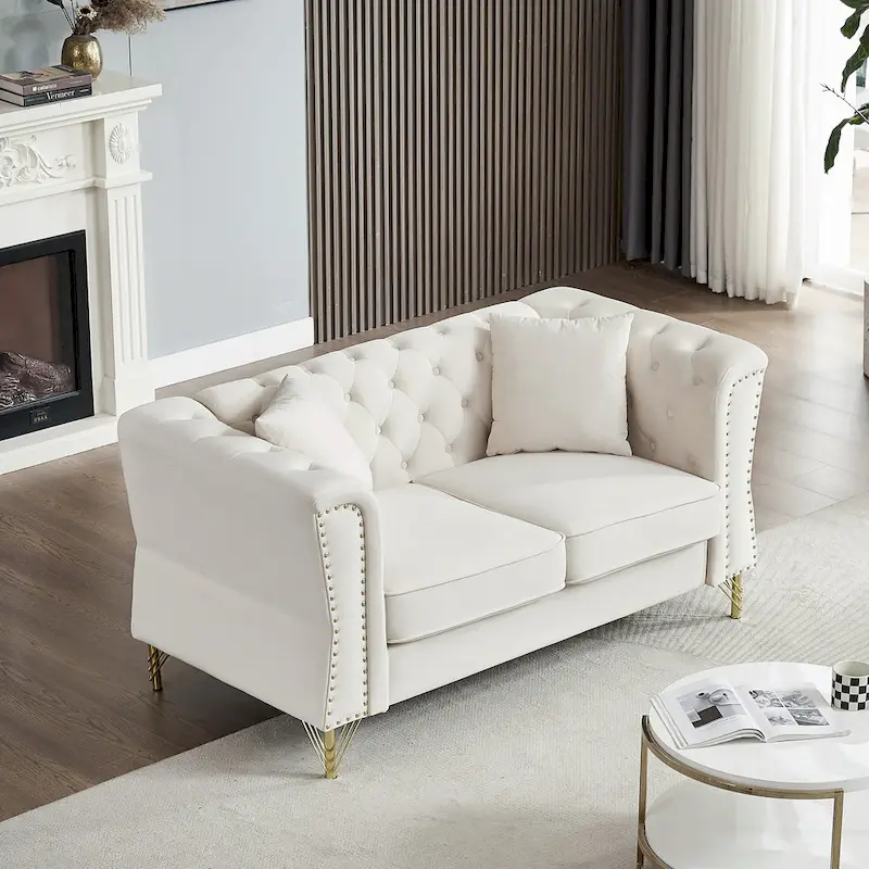 Beige 60.2 Velvet 2 Seater Sofa Couch with Metal Feet, 2 Pillows, Nailhead Trim, Solid Wood Frame and Foam Padding