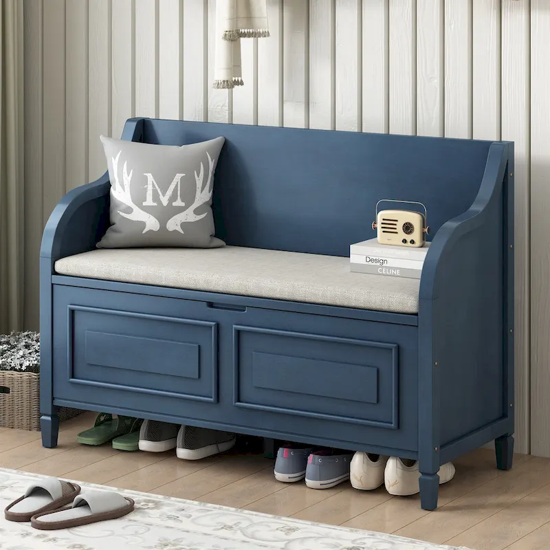 Rustic Storage Bench, Solid Wood Frame, Split Cushion, Safety Hinge, 42