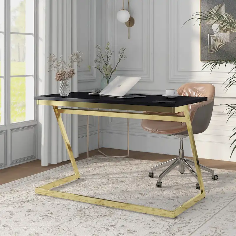 Glam High-Gloss Steel Computer Desk with Power Outlets & USB Ports – White / Black, Single
