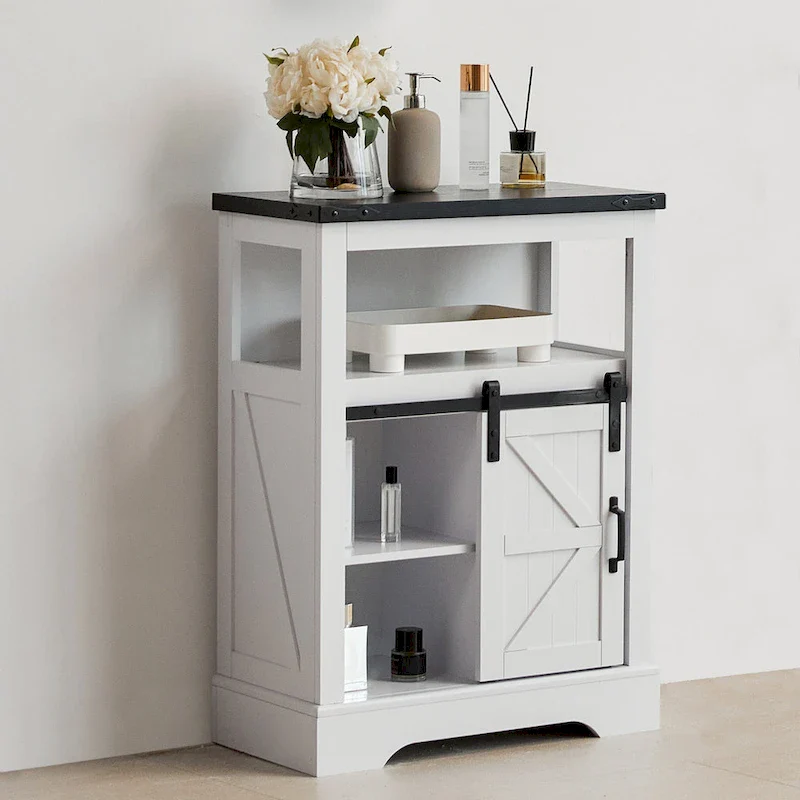 White Wood Finish Farmhouse Floor Storage Cabinet with Sliding Barn Door & 3 Drawers