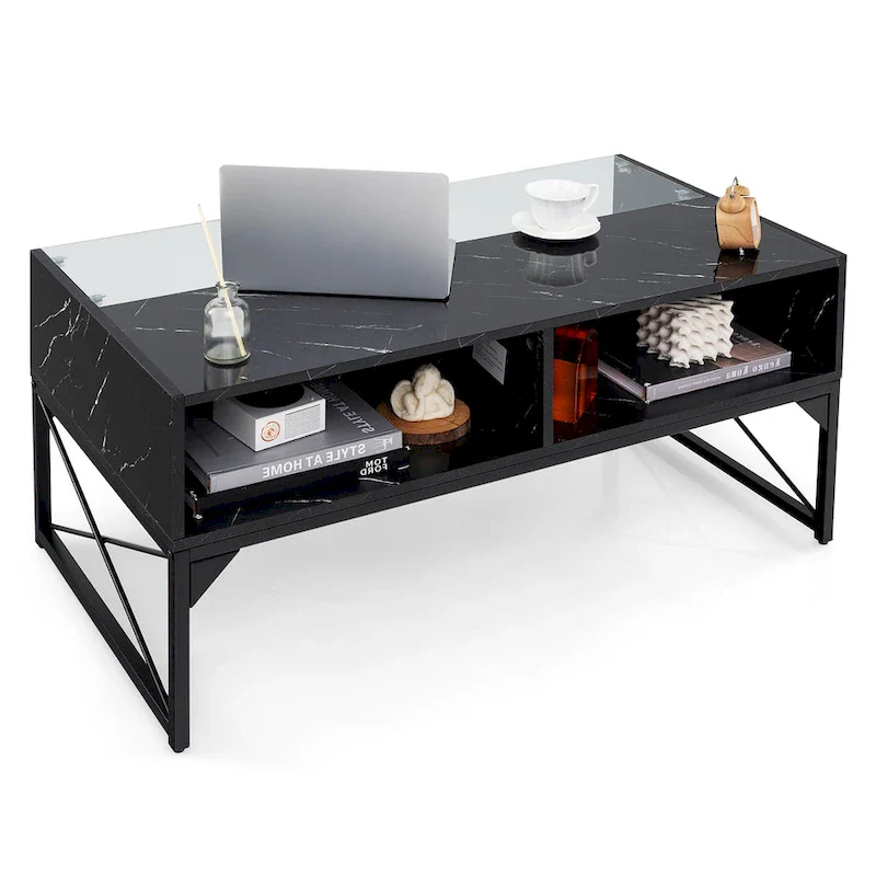 Gymax High-gloss LED Coffee Table w/ Faux Marble & Tempered Glass Top