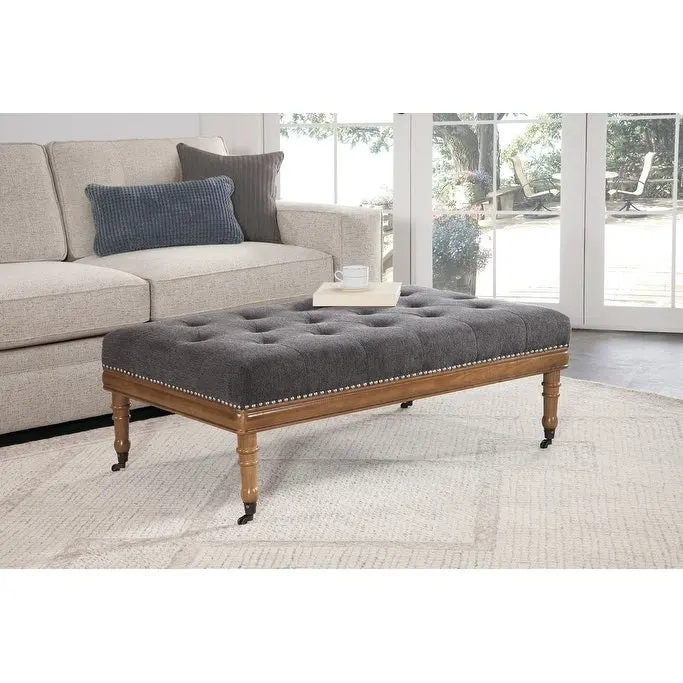 Diamond Tufted Ottoman with Nail Trim & Casters, Polyester, Wood Frame, 48