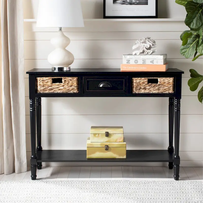 Console Storage Table, Black/White/Cherry/Grey, Rattan Drawers, Lower Shelf, Vintage