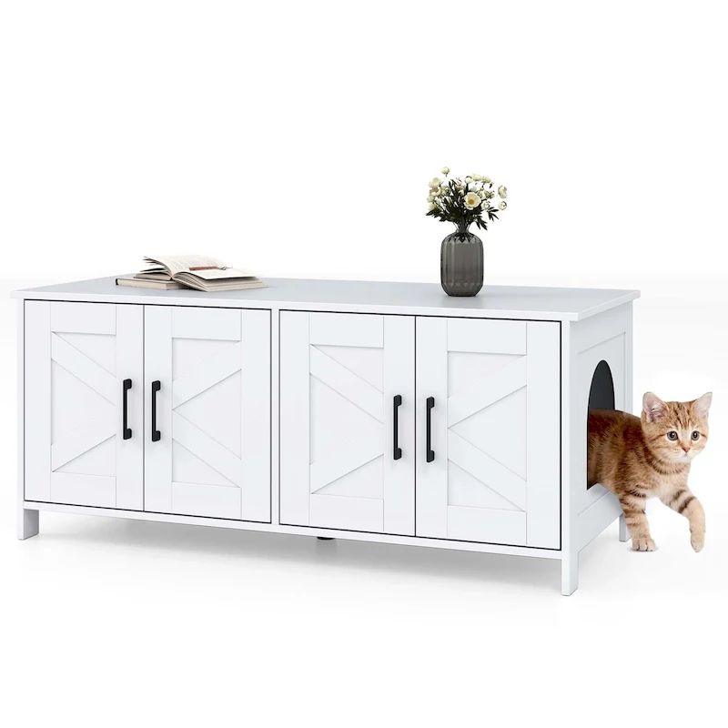Gymax Cat Litter Box Enclosure for 2 Cats w/ Double Rooms Wooden Cat