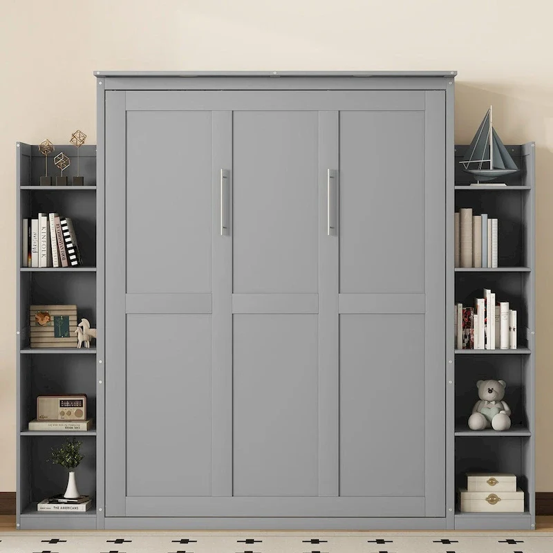 Nestfair Queen Size Murphy Bed Wall Bed with Shelves and LED Lights
