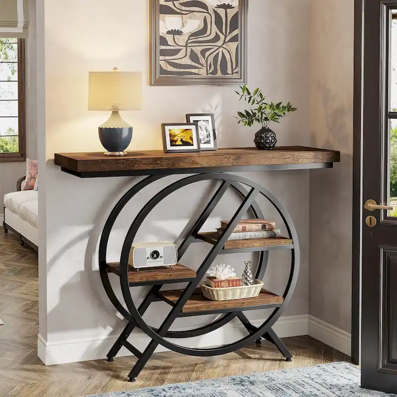 Console Table, Industrial, 4-Tier Staggered Shelves, Particle Board & Metal Frame, 39.4