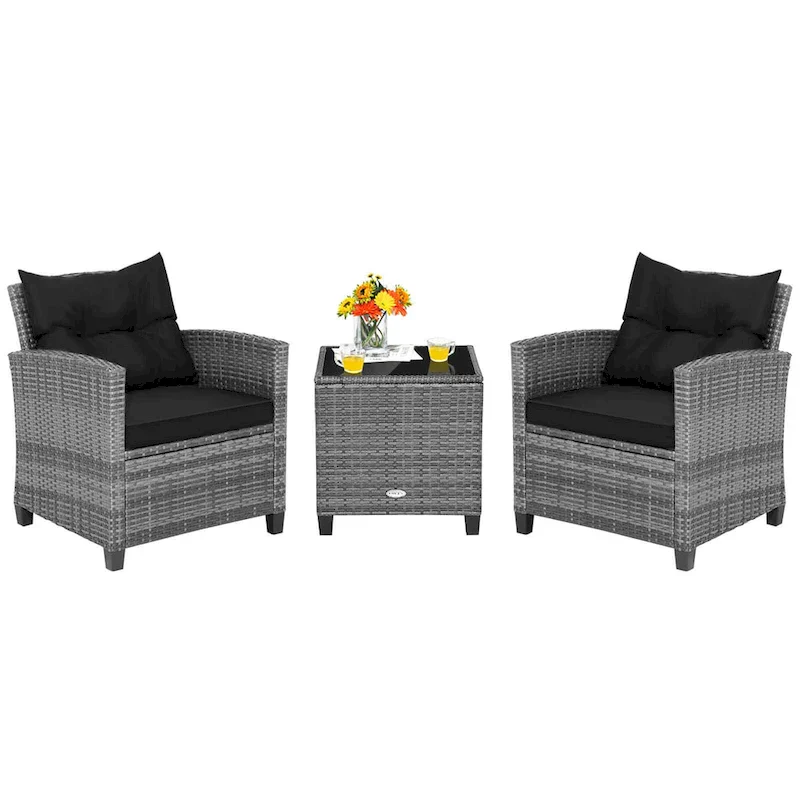 Gymax Set of 3 Rattan Furniture Bistro Set Cushioned Sofas Side Table
