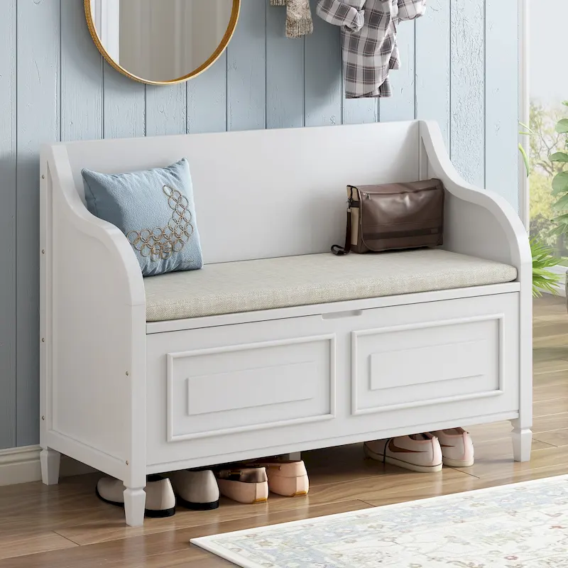 Rustic Storage Bench, Solid Wood Frame, Split Cushion, Safety Hinge, 42