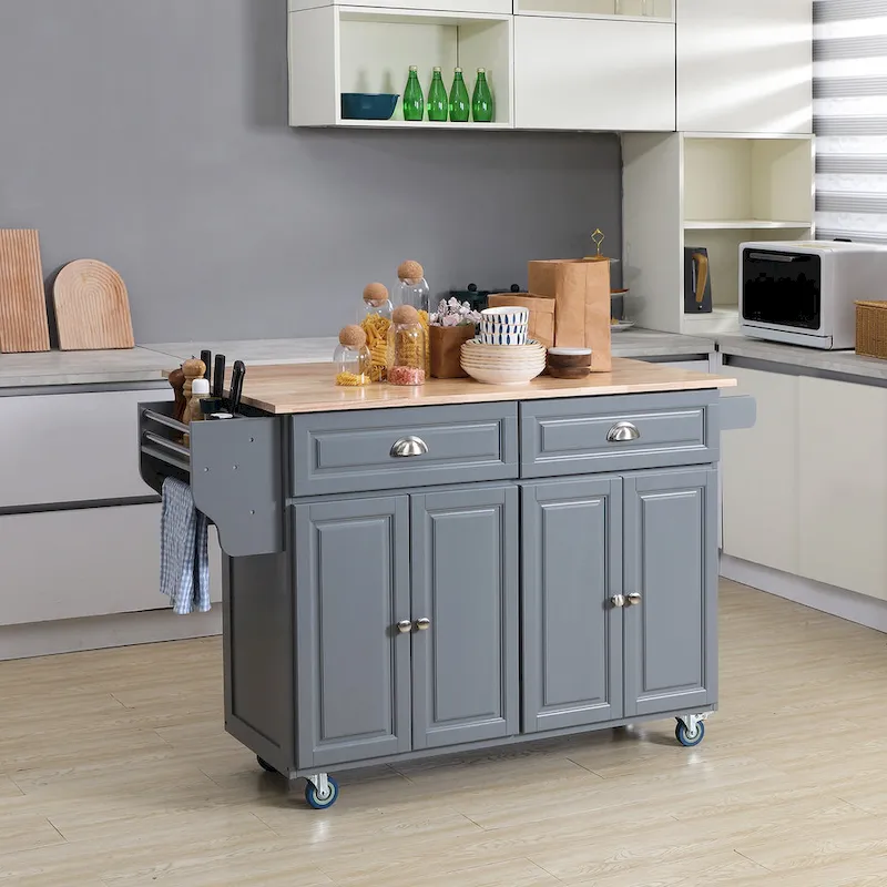 Rolling Kitchen Island, Drop-Leaf, Rubberwood Top, 2 Drawers & 2 Cabinets, 4 Wheels, 57.5