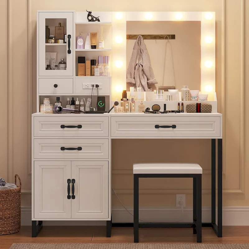 Vanity Desk Set 10 Hollywood Lights Mirror Bench Charging Station
