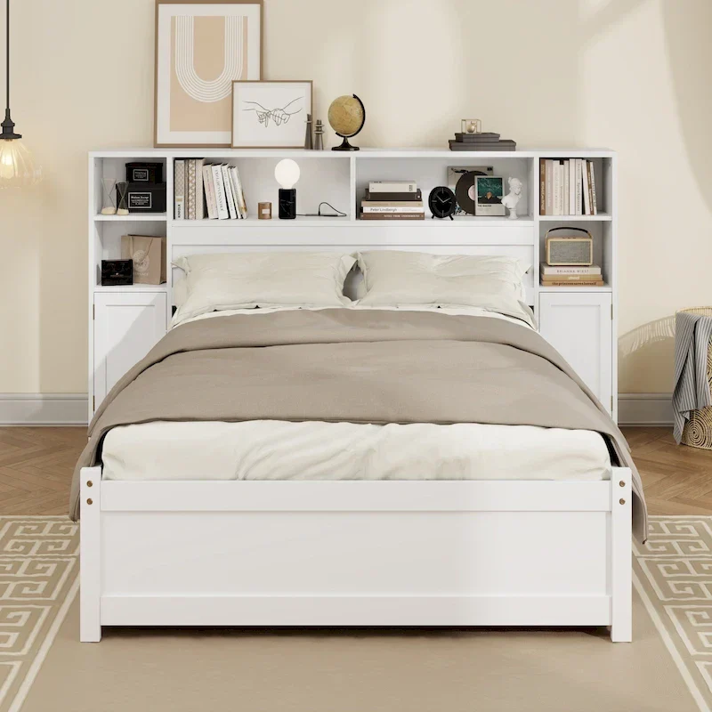 Wooden Storage Bed Bookcase Wingback Bed with Tall Bookcase Headboard, 6 Drawers and Charging Station, No Box Spring Needed