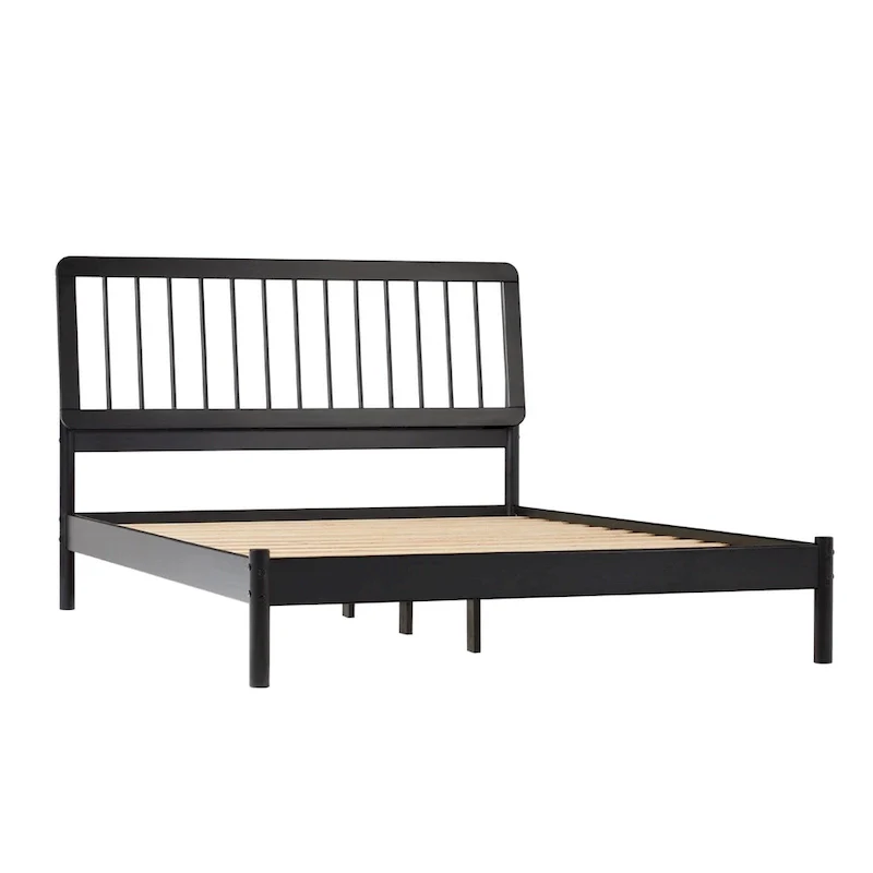Queen Solid Wood Spindle Bed Frame with Pine Legs – Caramel / Natural Pine / Black, for 1–2 People