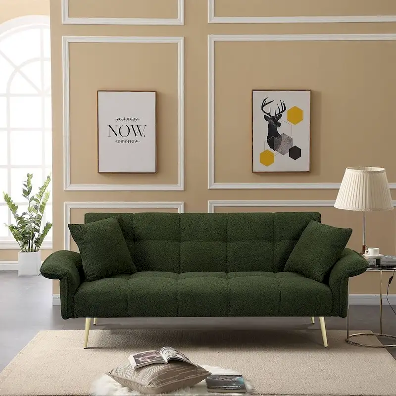 Futon Sofa Bed, Teddy Velvet Foldable Couch Convertible Loveseat Sleeper Daybed with Adjustable Armrests for Small Space