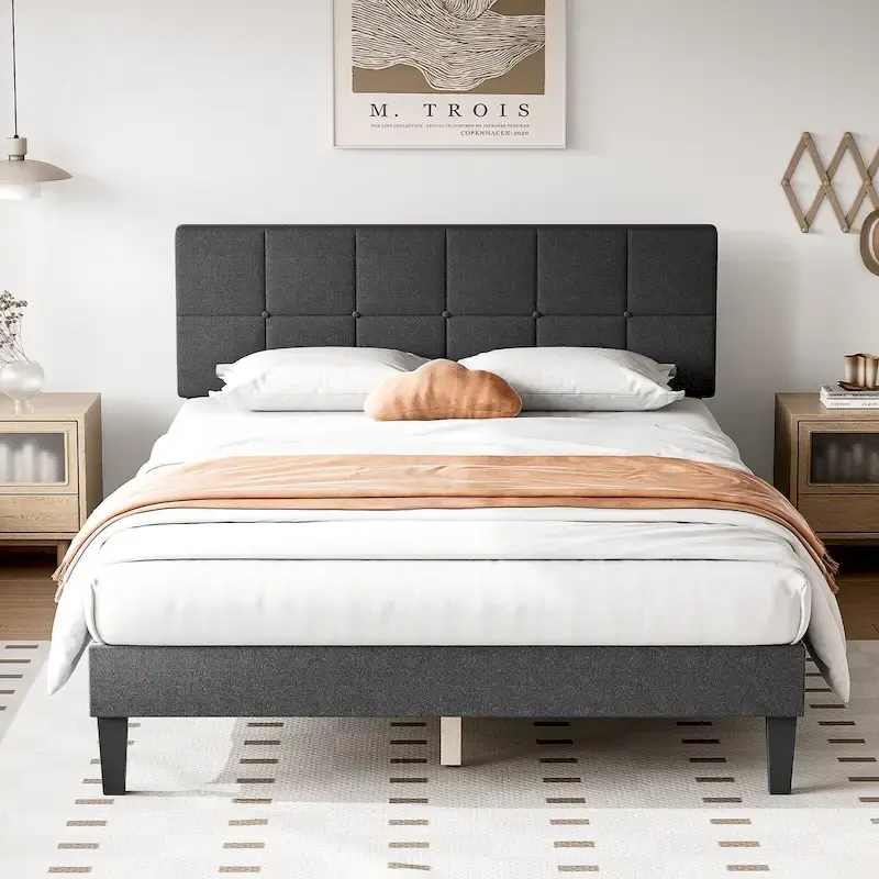 Bed Frame, Modern Platform Bed Frame with Adjustable Headboard, Geometric Upholstered Bed Frame 800LBS Sturdy Solid Wooden Slats