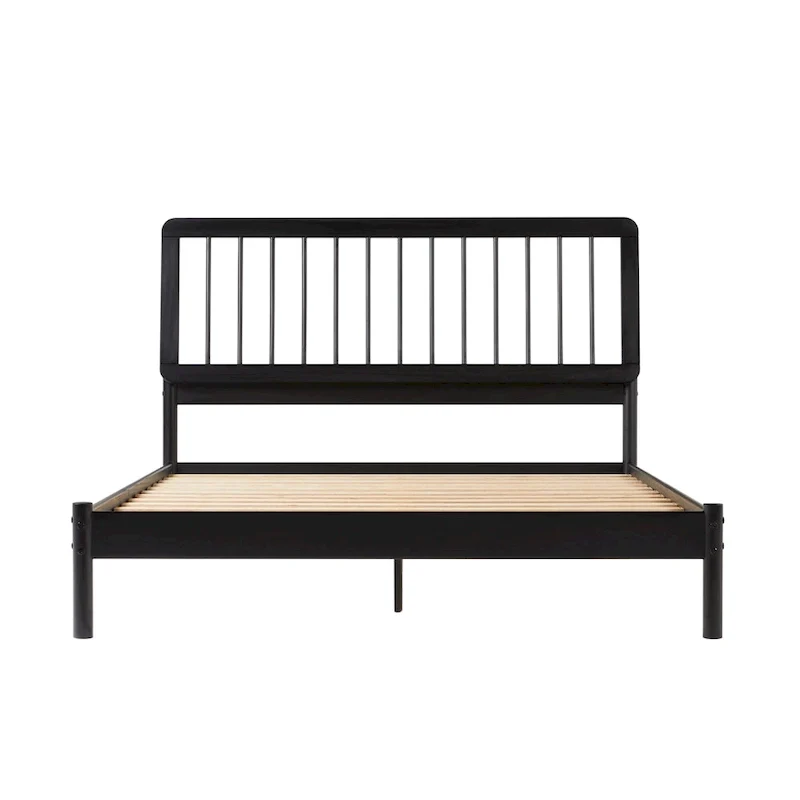 Queen Solid Wood Spindle Bed Frame with Pine Legs – Caramel / Natural Pine / Black, for 1–2 People