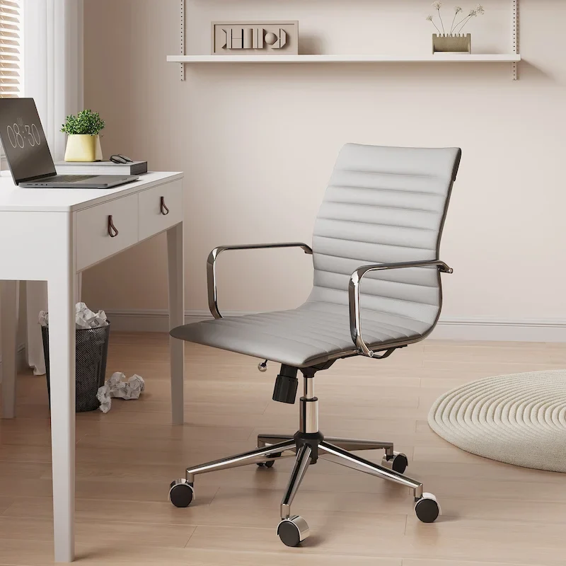 Ribbed Leatherite Office Chair with Chrome Frame, L-Shaped Arms and Swivel Base – Grey / White / Terracotta / Green / Brown / Black / Navy Blue / Gold & Navy Blue / Gold & Black / Gold & White, for 1 Person