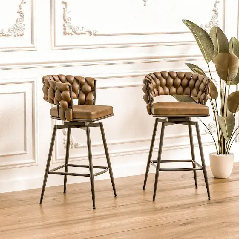 2 Woven Bar Stool,Black Legs No Adjustable Chairs,360 Swivel Upholstered Bar Chair Counter Stool Arm Chairs With Back Footrest