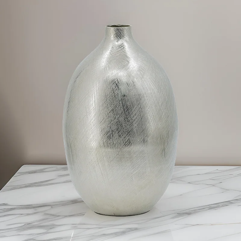 Pansy 14 Inch Modern Vase, Metal, Tall Curved Shape, Bottleneck Silver