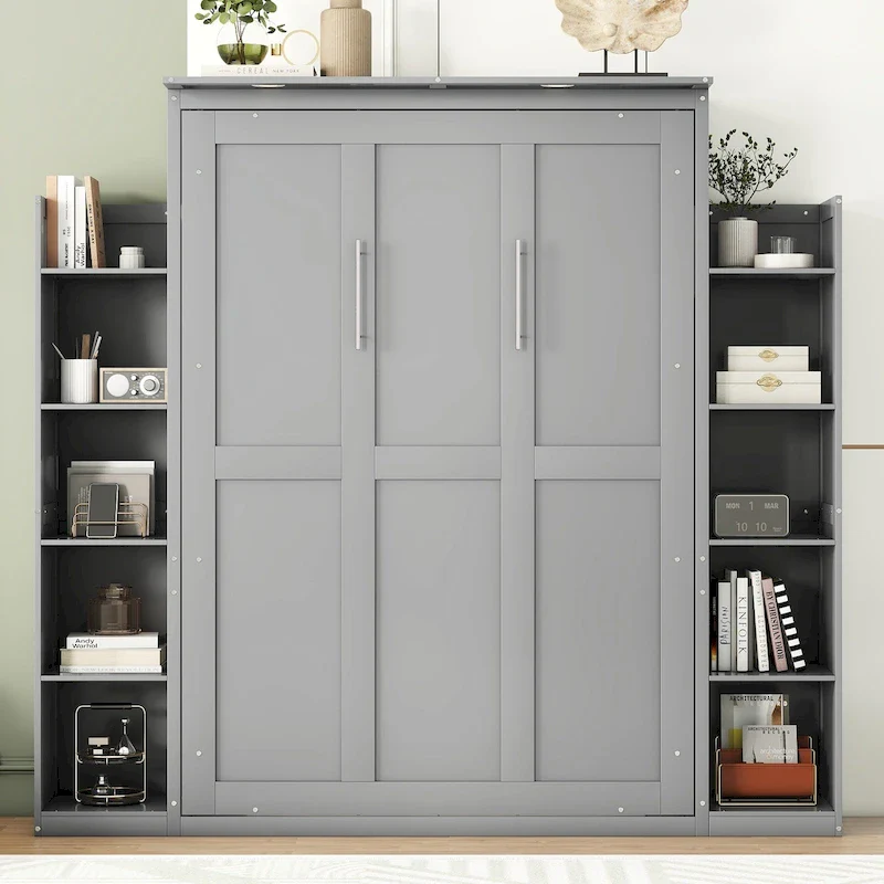 Full Size Murphy Bed Wall Bed with Shelves and LED Lights