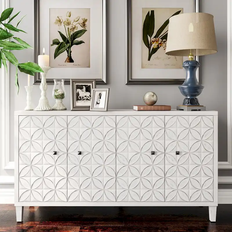 60-in Modern Wash White 4 Door Wooden Sideboard Buffet Server Accent Storage Cabinet