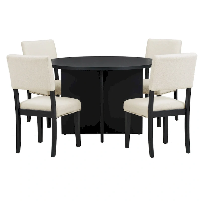 Farmhouse Style 5-Piece Wooden Dining Set with Round Table and 4 Lambswool-like Fabric Upholstered Chairs