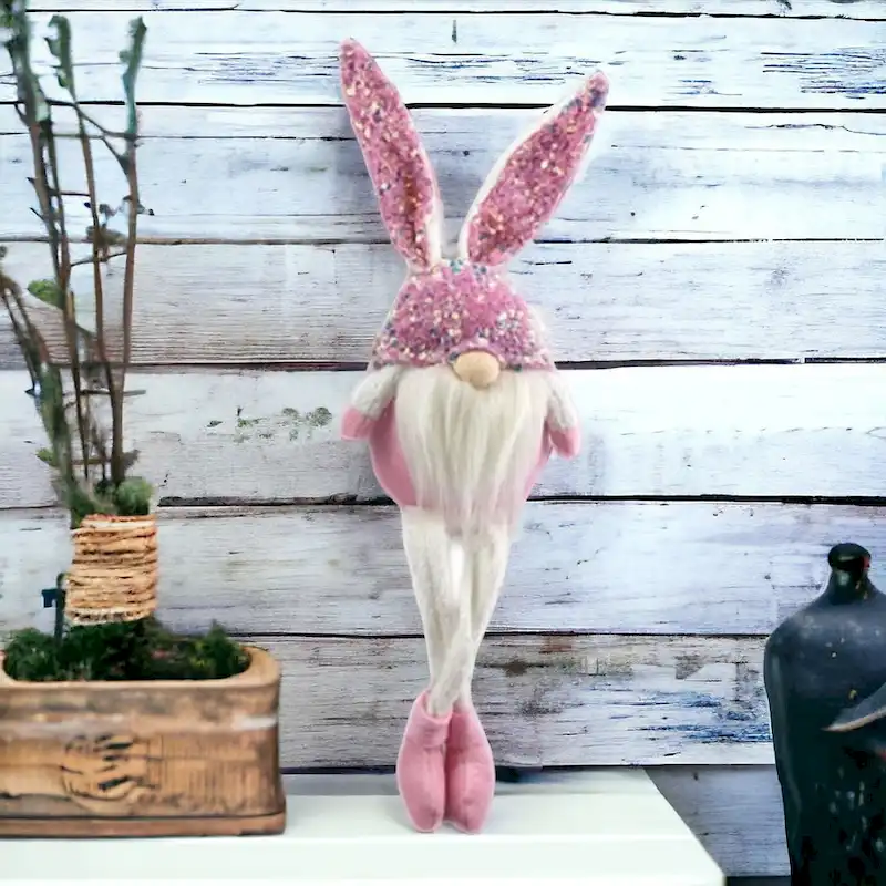 HomeRoots 20  Pink and White Fabric Bunny Rabbit Sitting Gnome - 4.5' X '20.1' X '5.9