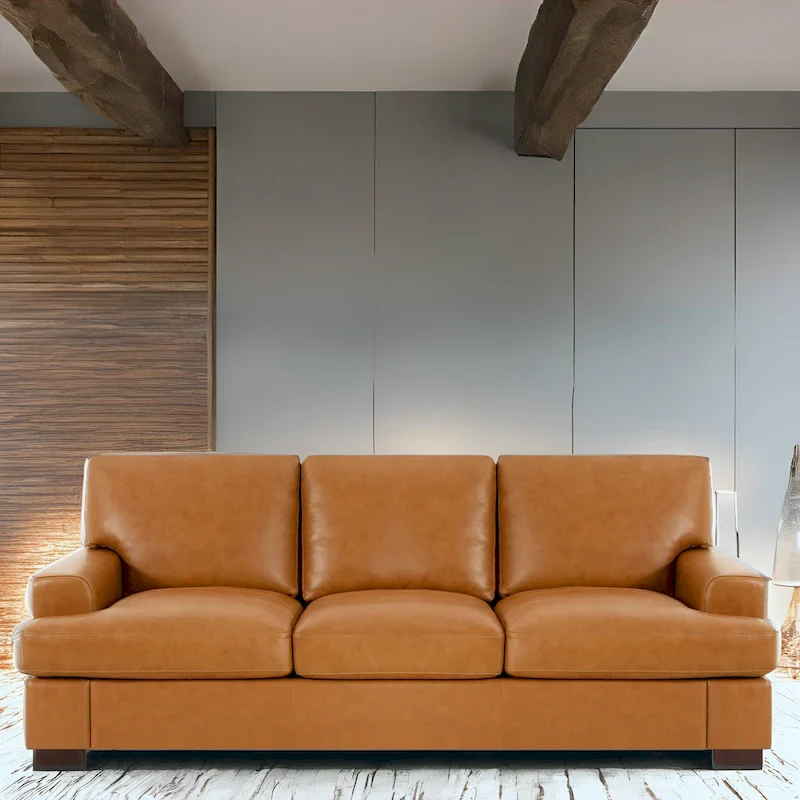 Genuine Leather Square Arm Sofa, Tan, Goose Feather Cushions, Block Legs, Seats 3