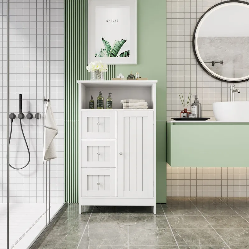 Beige Storage Cabinet with 3 Drawers and 1 Door