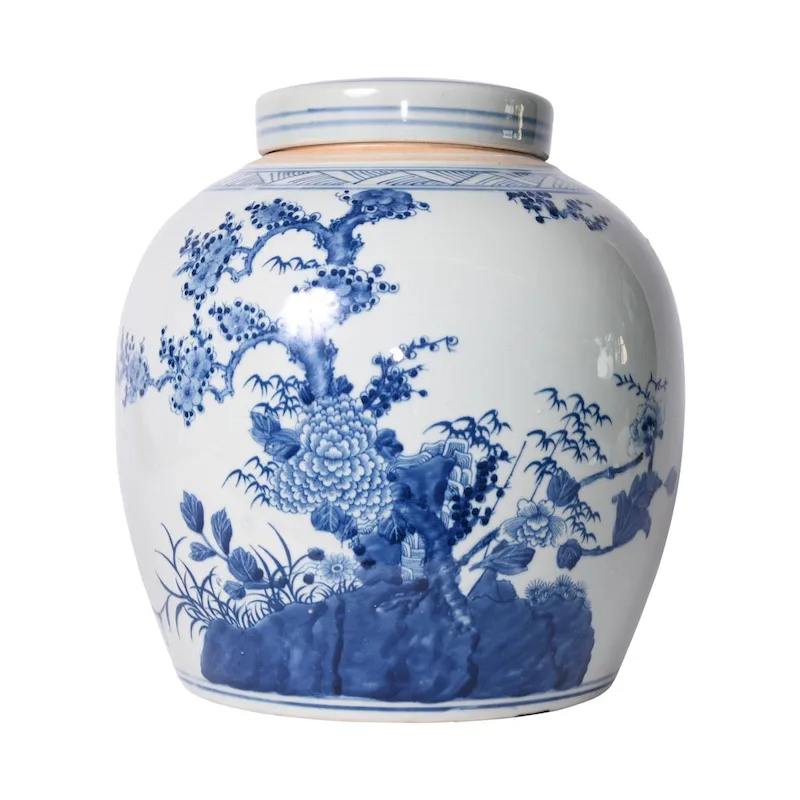 Blue & White Four Season Plants Ming Melon Jar - 12x12x13