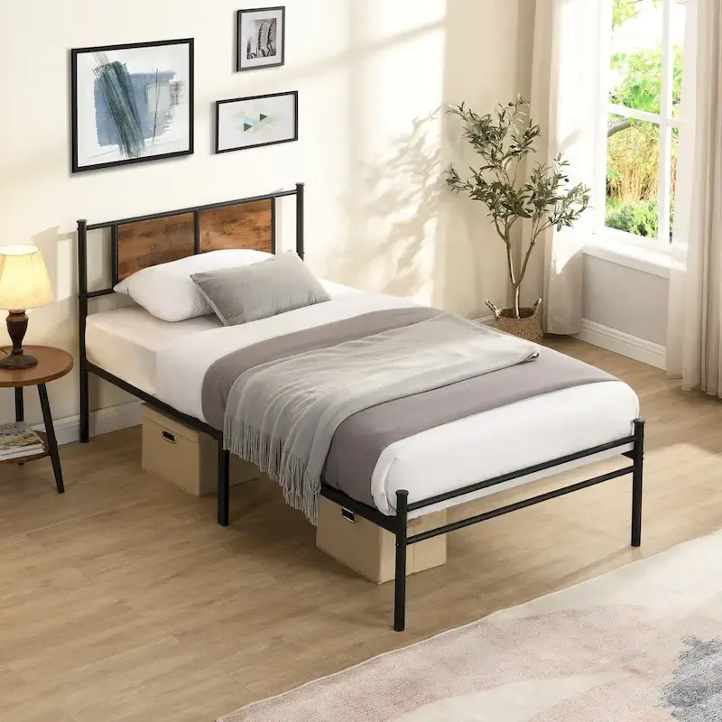 Metal Platform Bed with Wood Panel Headboard, No Box Spring, 10.8