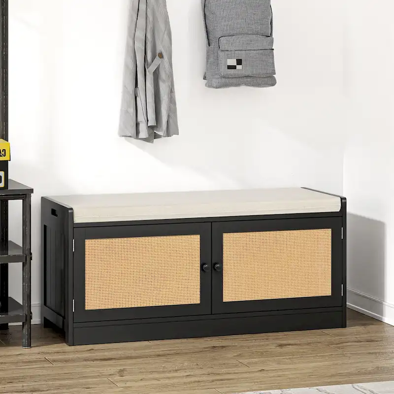 Shoe Storage Bench with Cushion, MDF & Rattan, 2 Doors & Adj. Shelves, 39.8