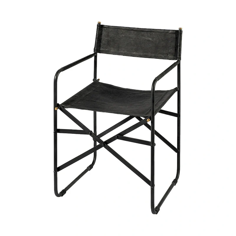 Foldable Director-Style Dining Chair with Genuine Leather Seat and Matte Iron Frame – Black, for 1 Person