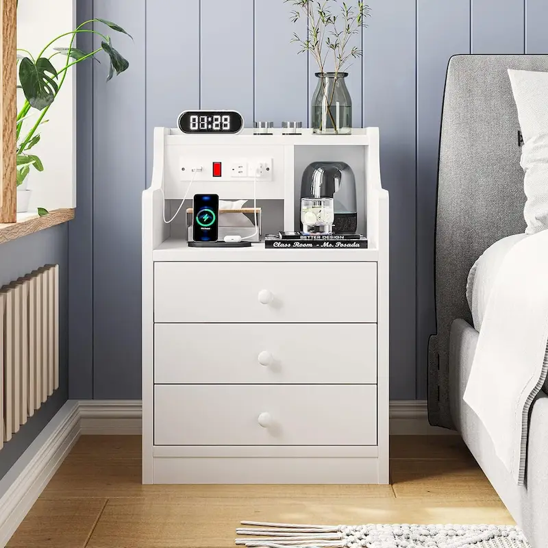 3-Drawer Nightstand with Built-in Charging Station and Open Shelf – White / Pink / Grey / Black, for 1 Person