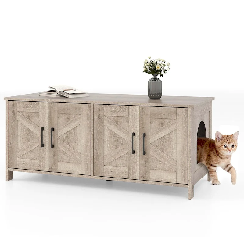 Gymax Cat Litter Box Enclosure for 2 Cats w/ Double Rooms Wooden Cat