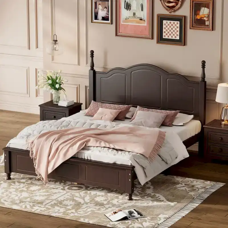 Retro Full/Queen Size Wood Platform Bed Frame with Wooden Slat Support,Dark Walnut
