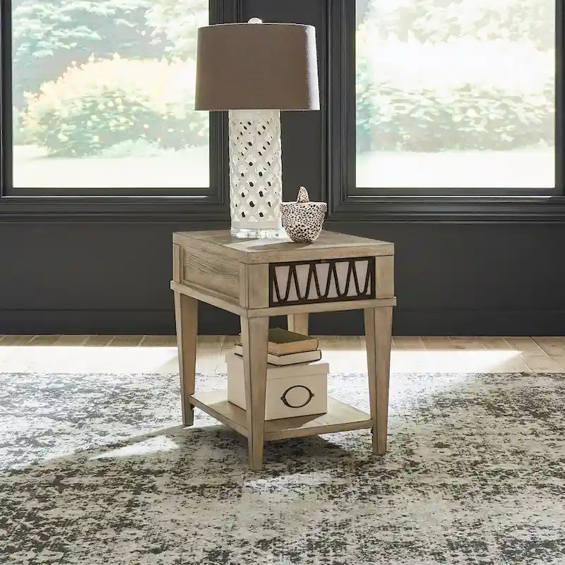 Chairside Table with Drawer & Bottom Shelf, Sandstone, Rubberwood & Oak Veneer, 18.5