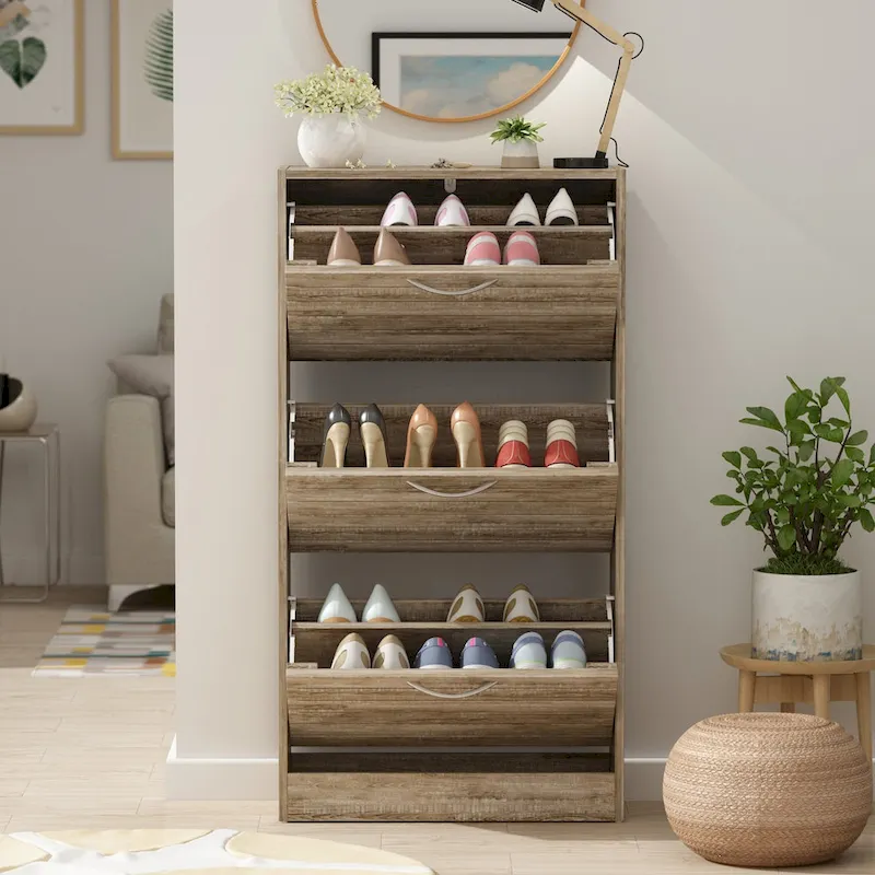 3-Flip-Drawer Shoe Cabinet with Top Platform for Entryway – Orange / Grey / Brown / White / Wood, for 1 Person / Household